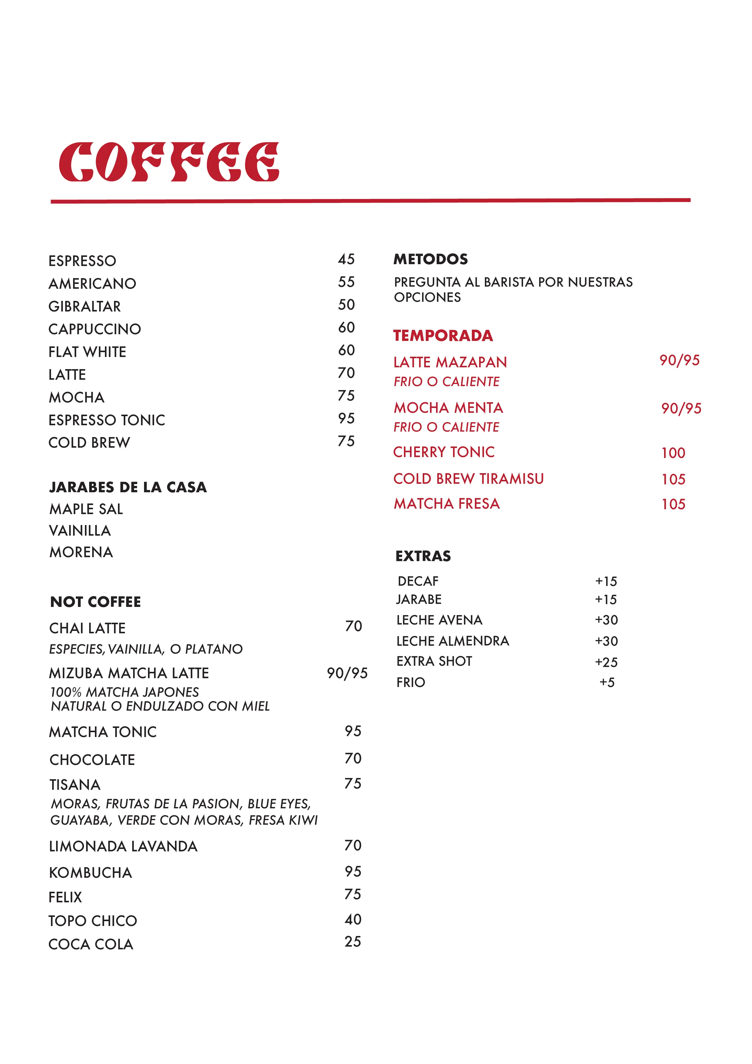 Menú Sunset Coffee Roasters